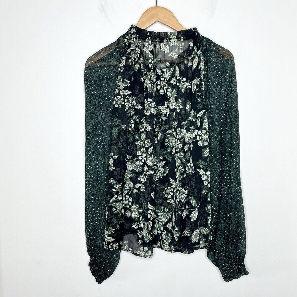 Free People Floral Sheer Blouse Green Womens Small Tasseled Cottage Forest fairy - Picture 9 of 9